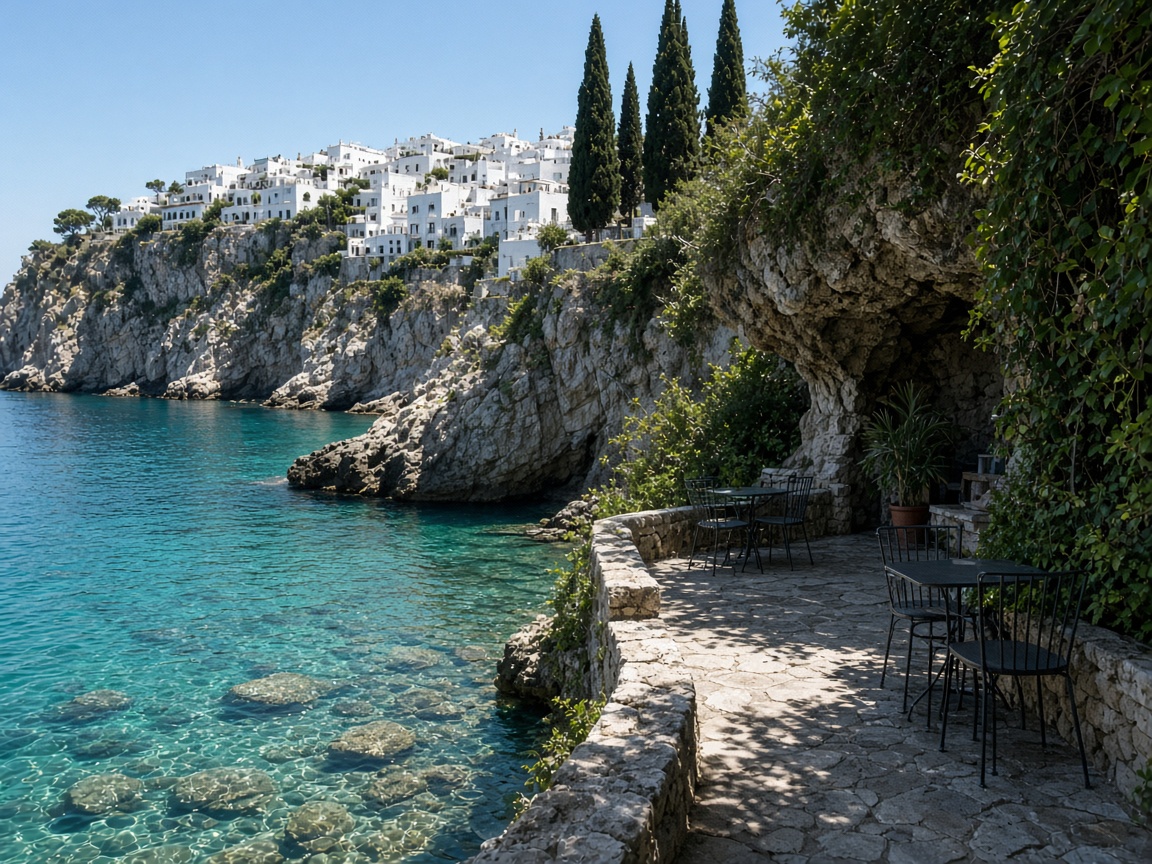 Quiet turquoise Mediterranean water beside a cliffside town